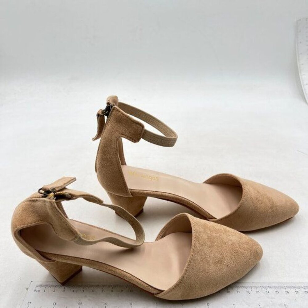 Women's Pointed Toe Pumps Ankle Strap Buckle Chunky Block Heel Dress Shoes Nude - Picture 3 of 6